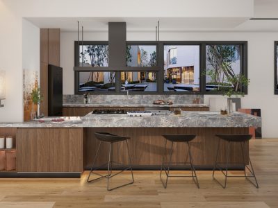 L-shape bespoke kitchen with rich wooden cabinets, luxurious marble countertops, and a modern design for an elegant facelift.