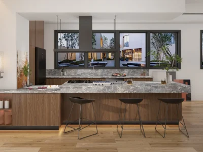 Bespoke L-Shape Kitchen with Marble Countertops and Rich Wooden Cabinetry L-shape bespoke kitchen with rich wooden cabinets, luxurious marble countertops, and a modern design for an elegant facelift.